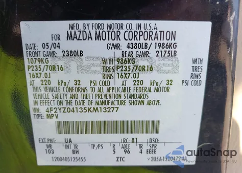 2005 Mazda Tribute S from USA, damaged, VIN 4F2YZ04135KM13277